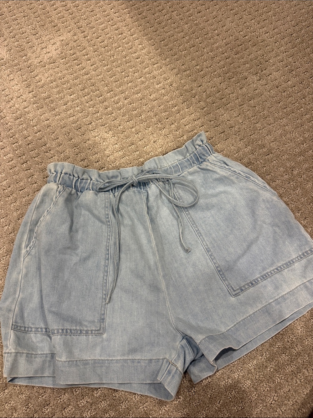 Vici Light Blue Cotton-Blend Drawstring Jean Shorts